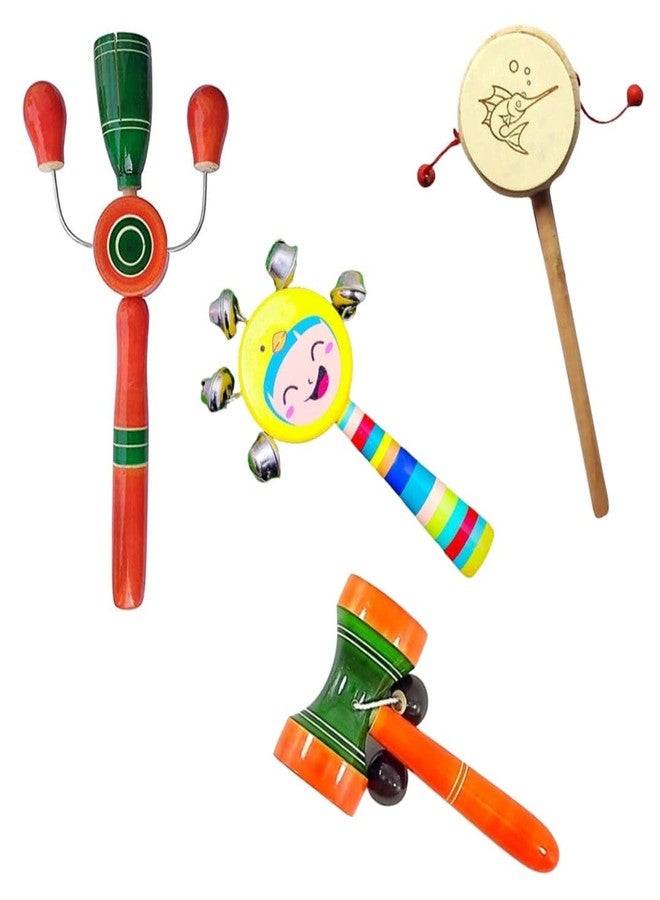Little Mind Kids Wooden Hand Crafted Rattle Sets | Wooden Baby Rattles Sets | Wooden Sound Making Toys Multicolor Pack 4 - Image 1